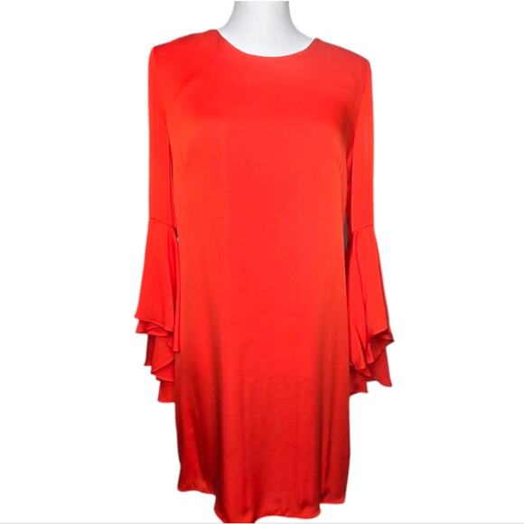 Milly Bell Sleeve Silk Blend‎ Stretch Crepe Midi Shift Dress Flame Orange Size 8 - Picture 2 of 11